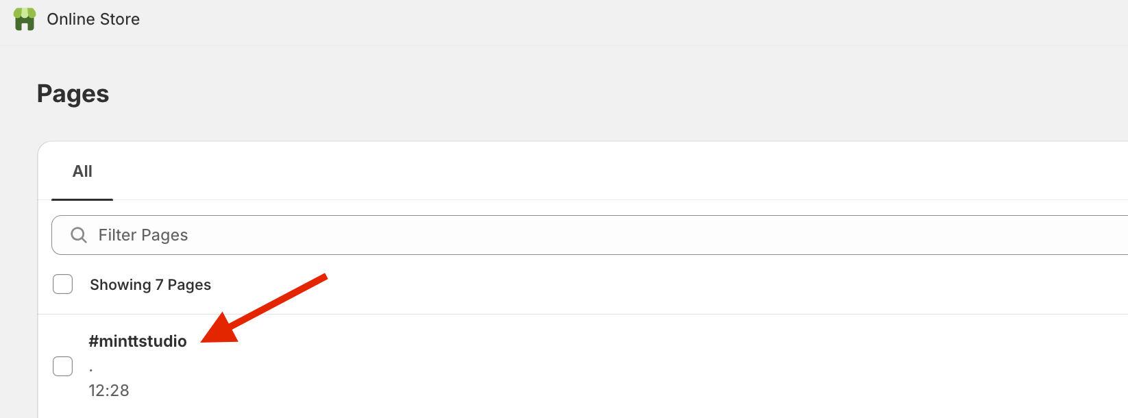 Shopify Pages, with a red arrow pointing to the #minttstudio page.