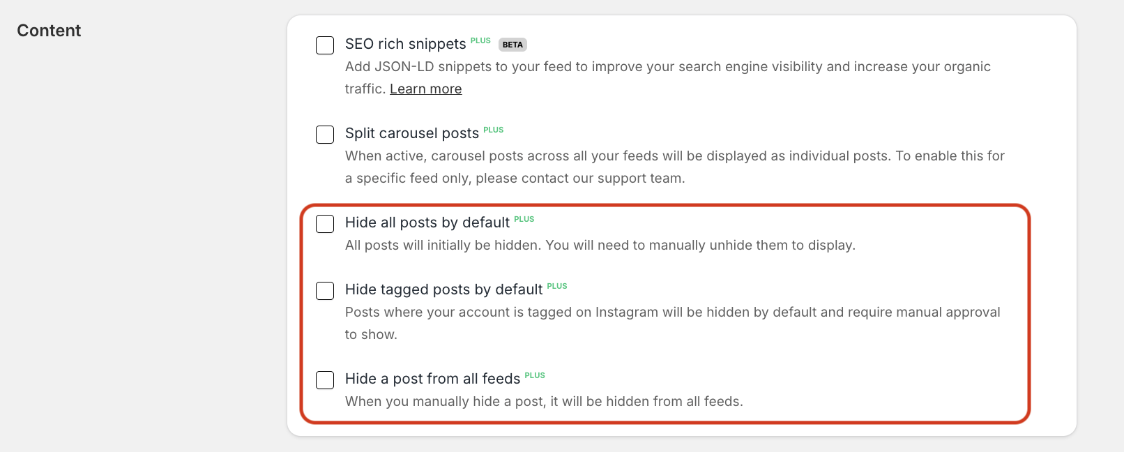 Instafeed app settings screen, showing three settings to hide posts highlighted in red.