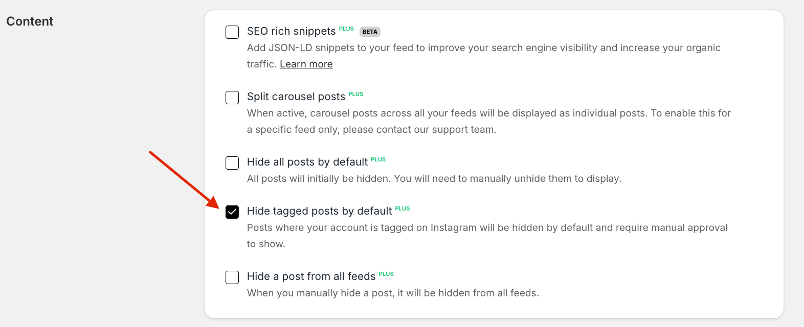Screenshot of Instafeed app UI, showing an arrow on 'Hide tagged posts by default'.