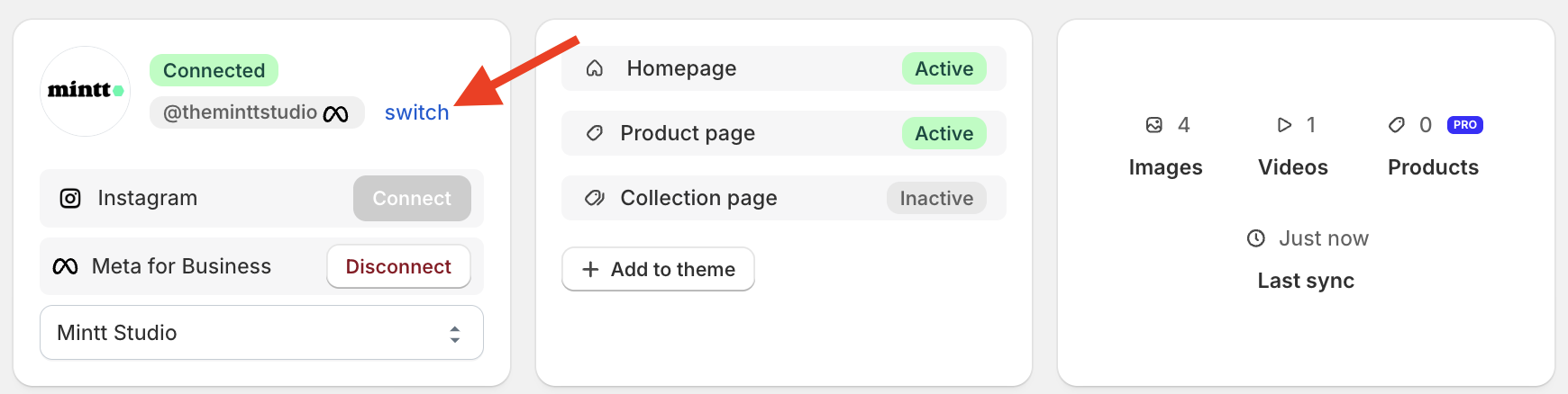 Screenshot of Instafeed Shopify app, showing the onboarding screen with a red arrow pointing to the 'switch' button.