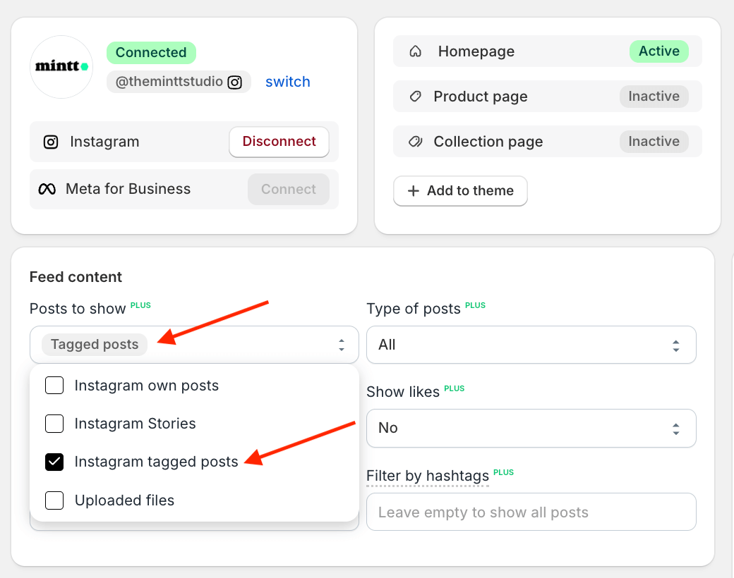 Screenshot of Instafeed app showing the option Instagram tagged posts selected under posts to show, with a red arrow pointing to it.