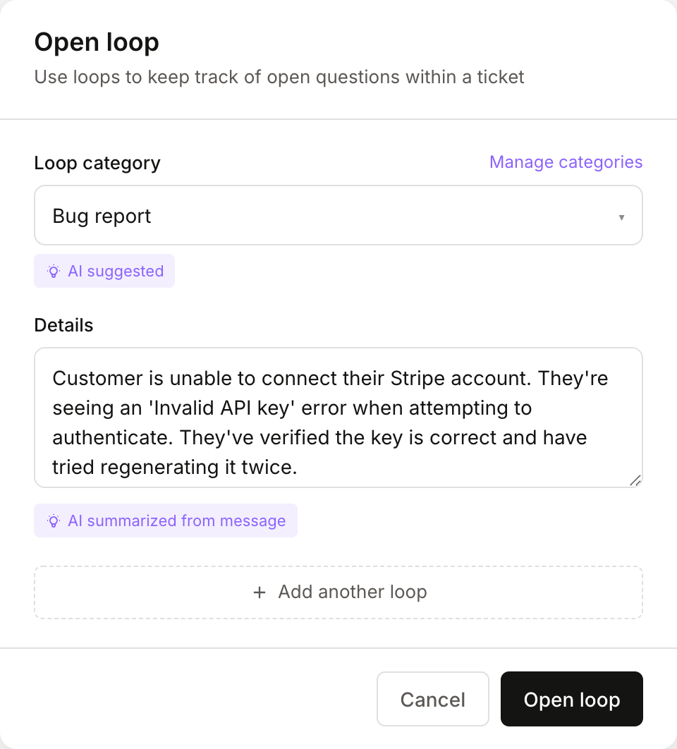 Open Loop modal showing category selection and AI-suggested summary