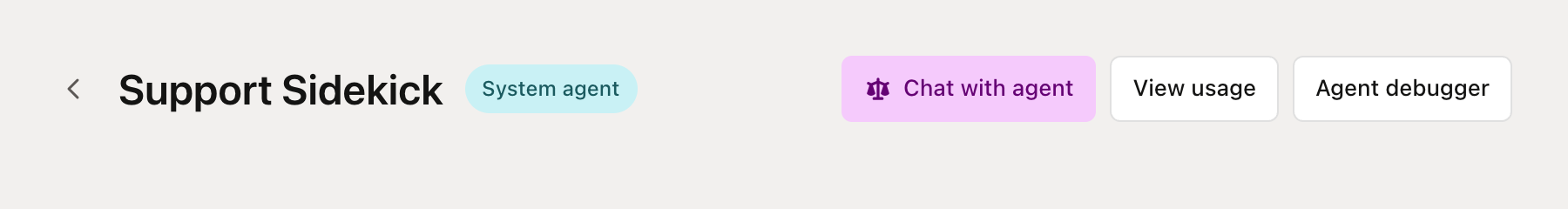 Agent configuration page header showing Chat with agent, View usage, and Agent debugger buttons
