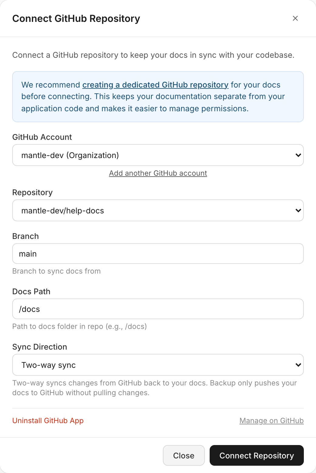 GitHub sync setup modal