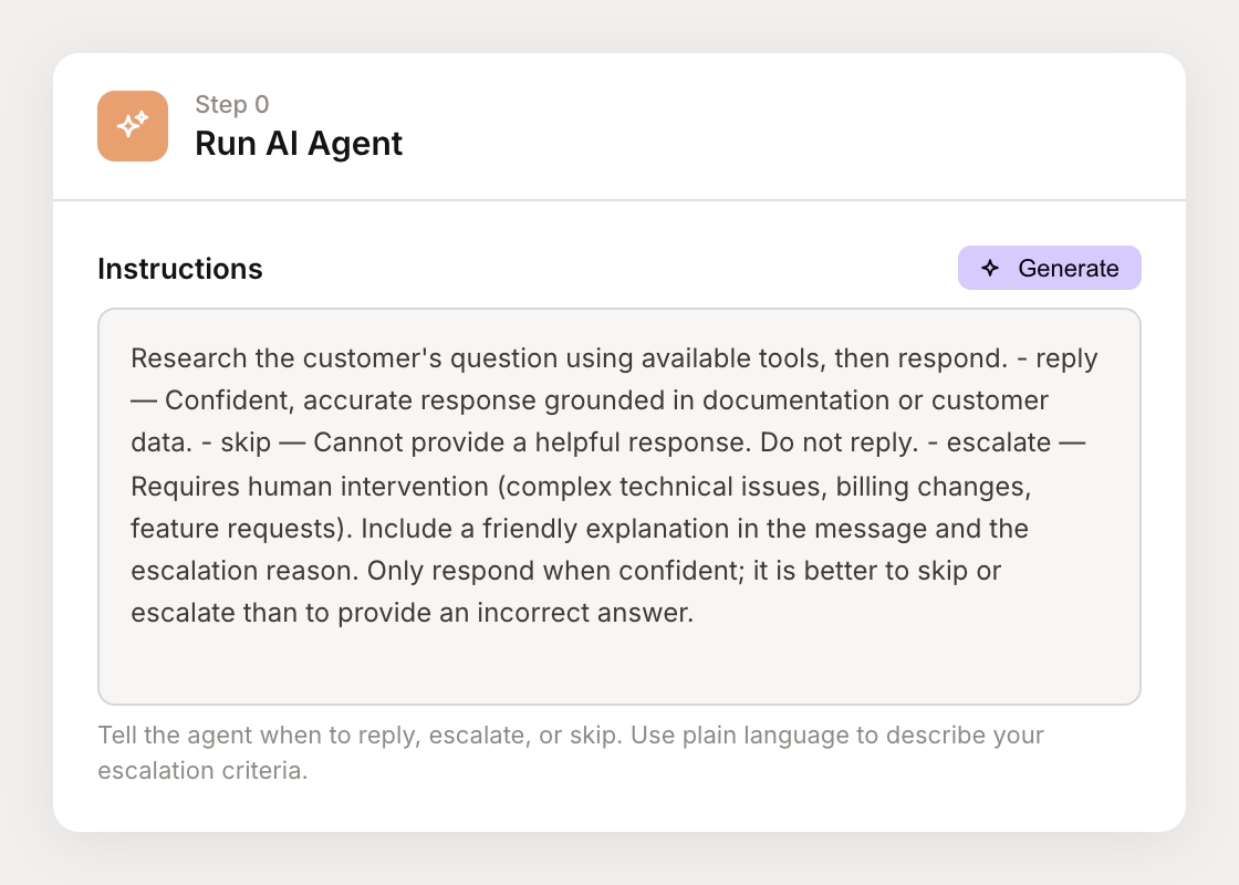 Run AI Agent action with instructions field