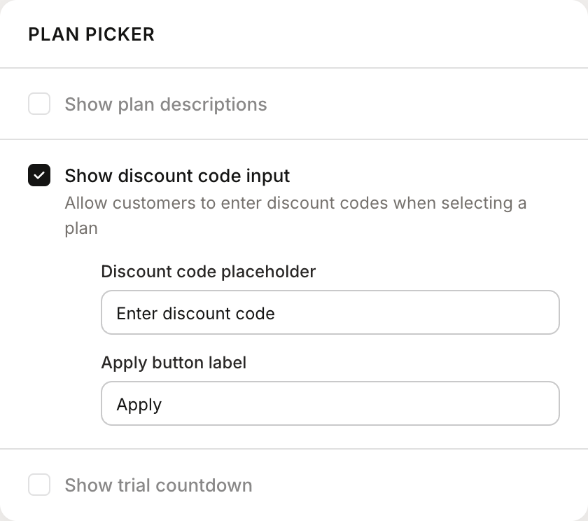 Hosted billing plan list page settings showing the discount code input setting