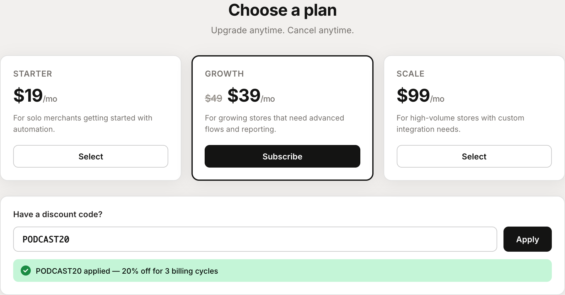 Hosted billing page showing discount code input with an applied code