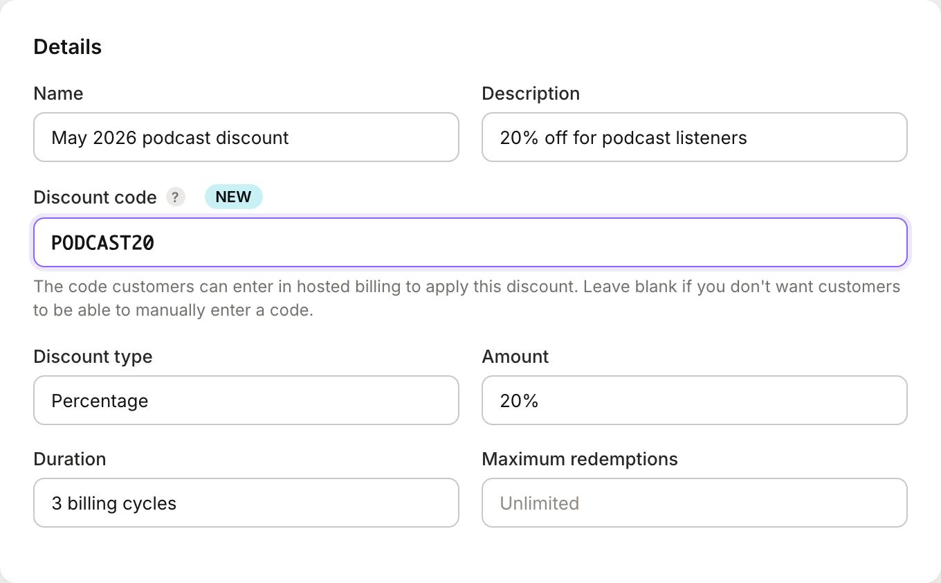 Discount form with code field