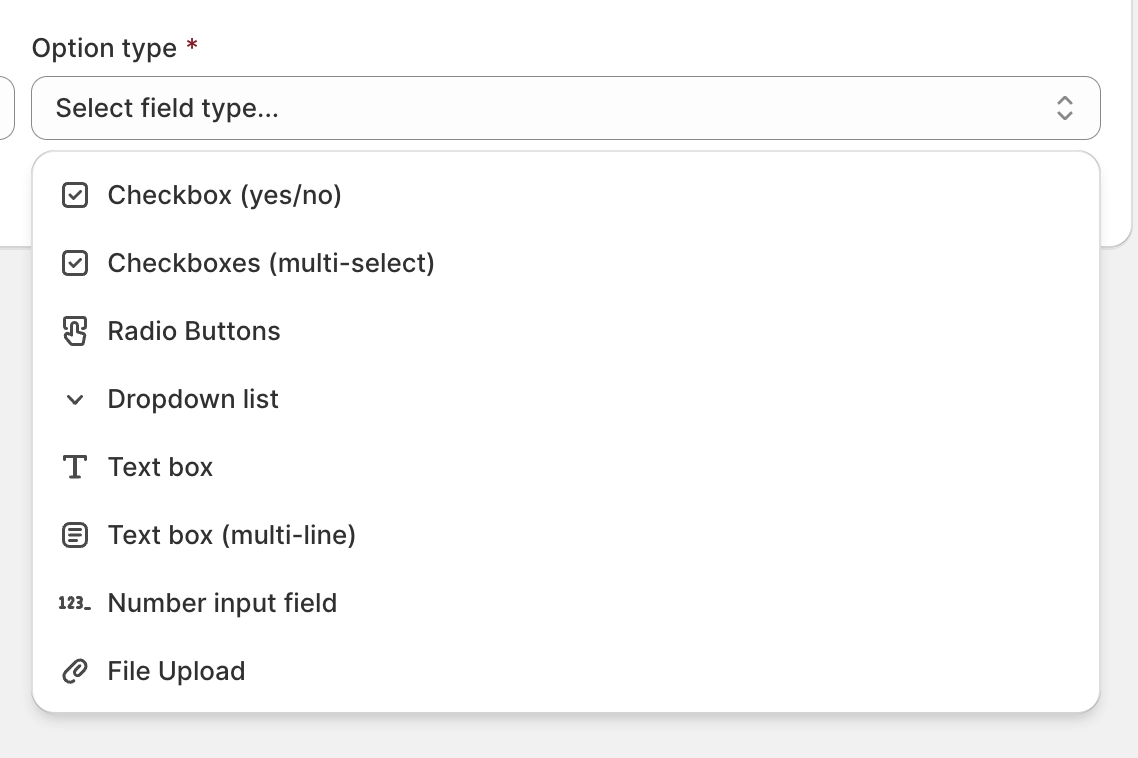 Option type dropdown in Blueprint showing the available product option types