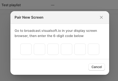 Pair New Screen window showing six code entry boxes in Broadcast