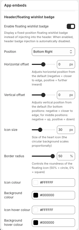Wysh Header/floating wishlist badge settings showing the Enable floating wishlist badge toggle and position controls