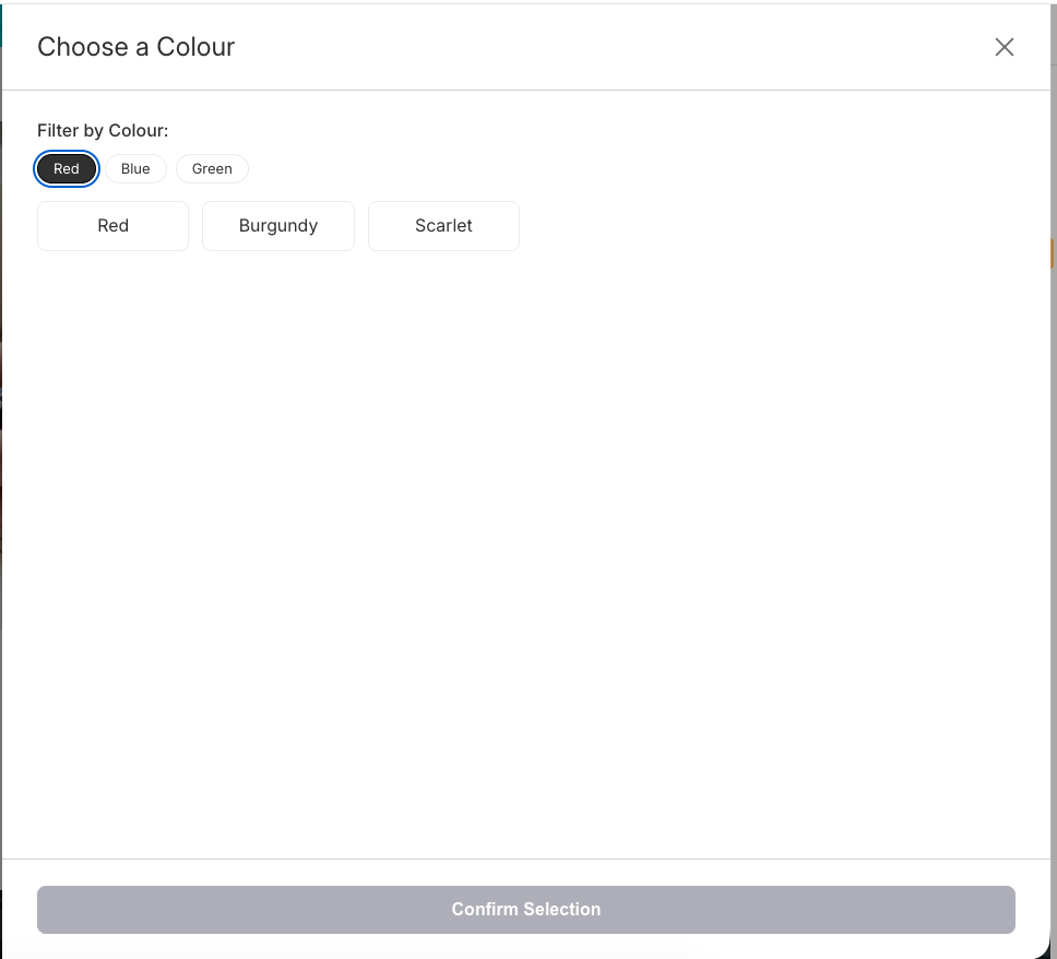Storefront modal in Blueprint showing the Red colour filter applied so only matching option values are visible