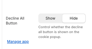 Theme settings showing the Decline All Button toggle with Show and Hide options
