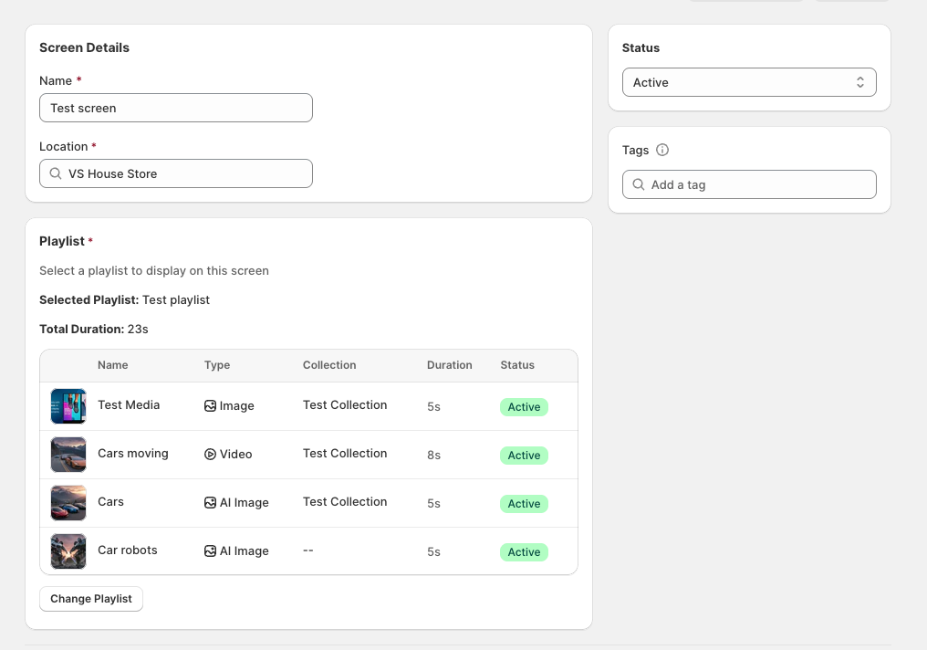 Screen details page in Broadcast showing Name, Location, Status, Tags, Playlist, and Change Playlist
