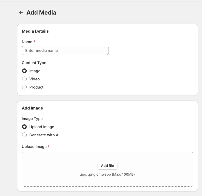 Add Media screen showing Media Details, Content Type, and image upload options