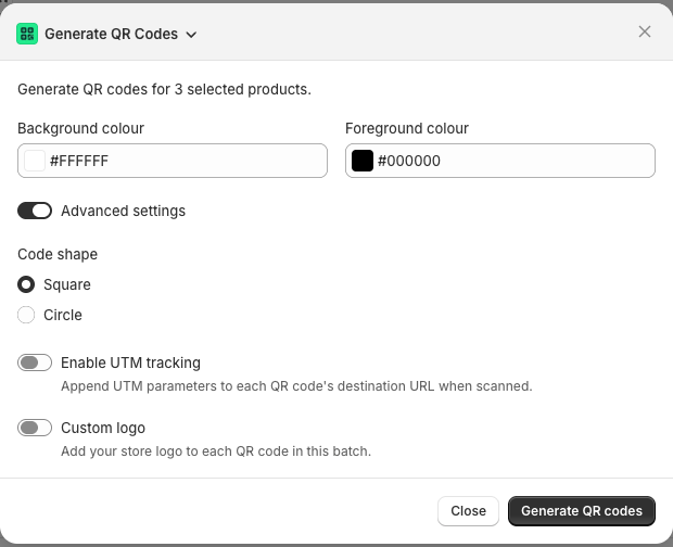 Generate QR Codes pop-up showing Background colour, Foreground colour, Advanced settings, Code shape, Enable UTM tracking, and Custom logo options