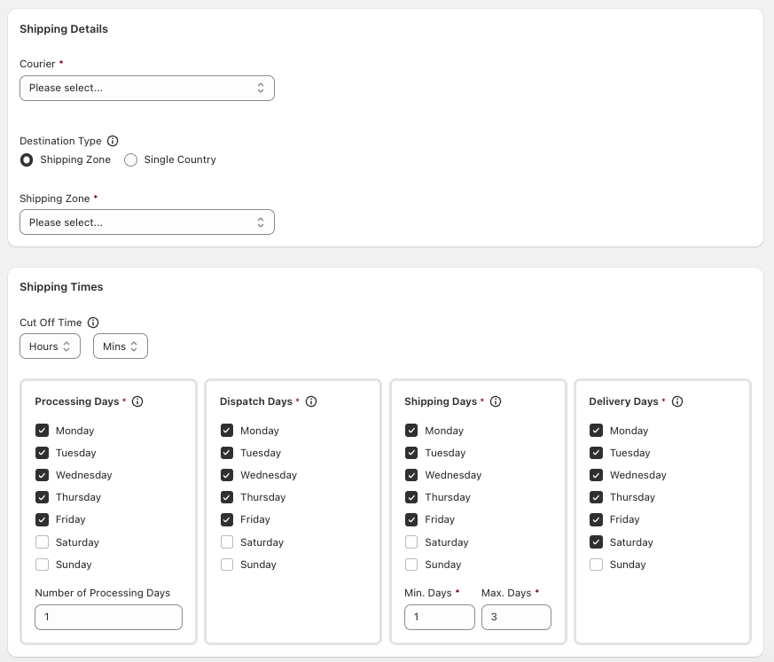 Shipping rate screen in Zonal showing Shipping Details and Shipping Times fields