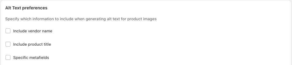 SmartAlt Settings showing the Alt Text preferences section with Include vendor name, Include product title, and Specific metafields options