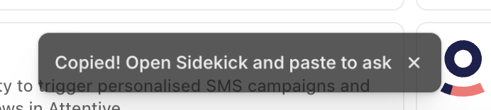 Copied message prompting the merchant to open Sidekick and paste the question