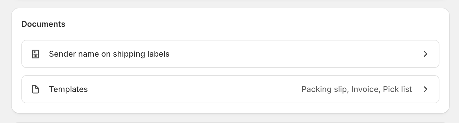 Shopify Documents screen showing the Templates option under Shipping and delivery