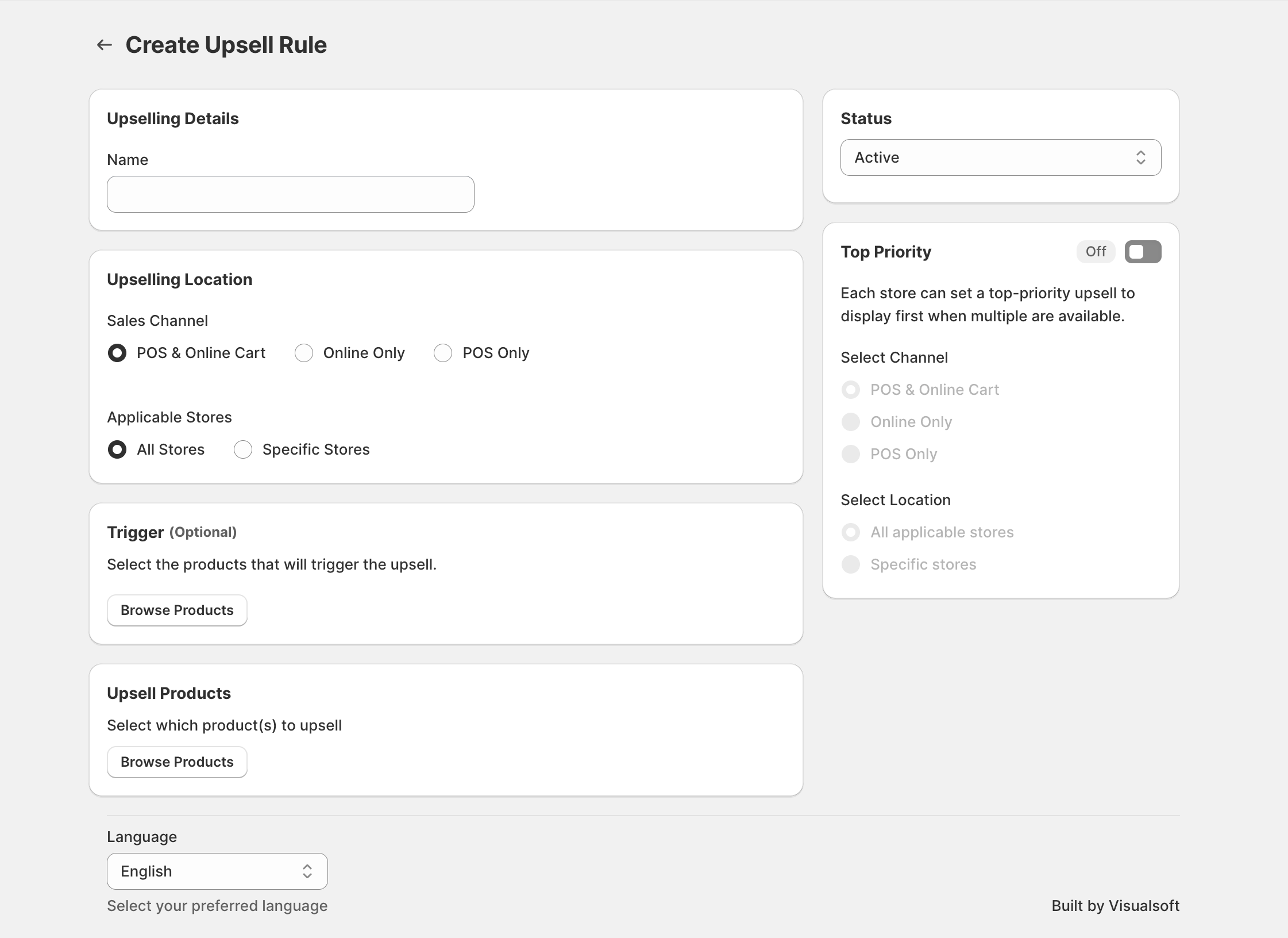 Create Upsell Rule screen showing Upselling Details, Upselling Location, Trigger, Upsell Products, Status, Top Priority, and Language settings