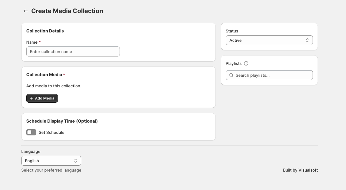 Create Media Collection screen showing Collection Details, Collection Media, Status, Playlists, and Schedule Display Time