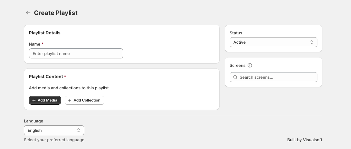 Create Playlist screen showing Playlist Details, Playlist Content, Status, and Screens