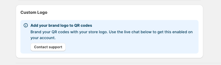 Custom Logo section showing a message to contact support to enable brand logo uploads for QR codes