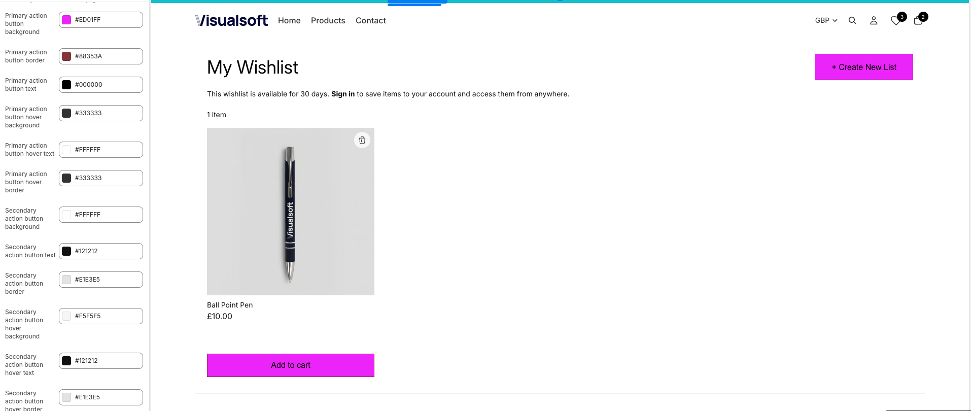 Theme editor preview showing customised Add to cart and Create New List button colours on the wishlist page