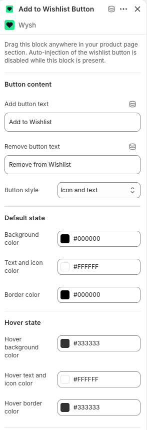 Wysh Add to Wishlist Button settings showing button text, button style, and colour controls