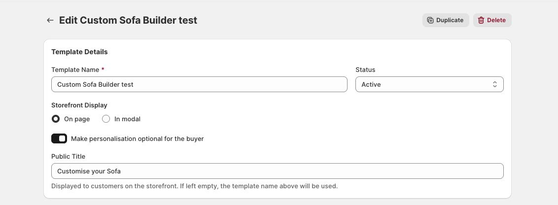 Blueprint Template Details showing Template Name, Status, Storefront Display, and Make personalisation optional for the buyer
