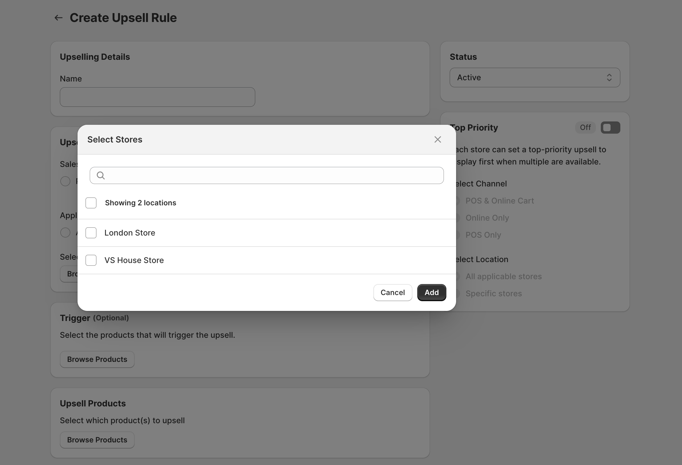 Select Stores window showing a search field, location checkboxes, and Add and Cancel buttons