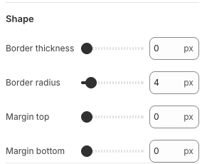 Wysh Add to Wishlist Button shape settings showing border thickness, border radius, margin top, and margin bottom