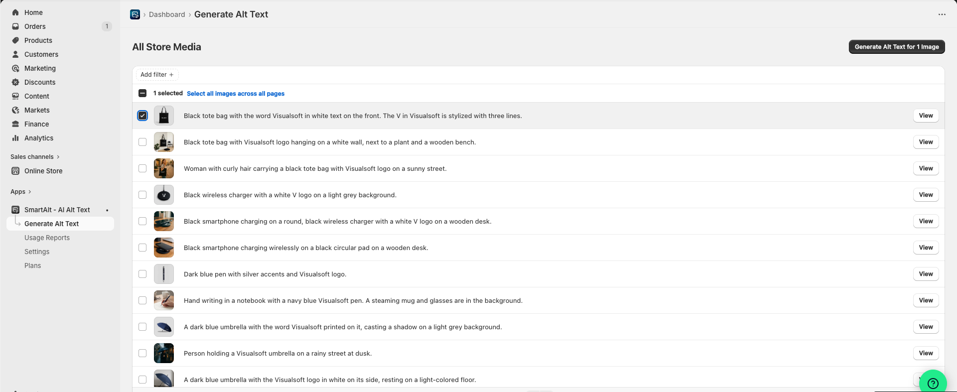 SmartAlt Generate Alt Text screen showing the All Store Media list, selection checkboxes, Current Alt Text column, and Generate Alt Text button