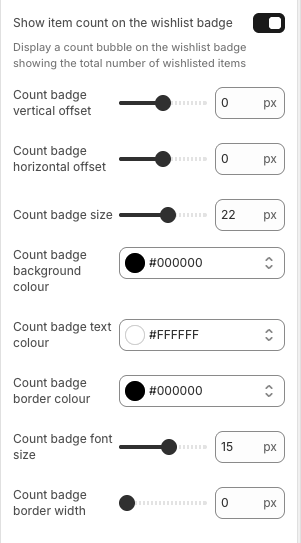 Wishlist badge item count settings showing offset, size, colour, font size, and border width controls