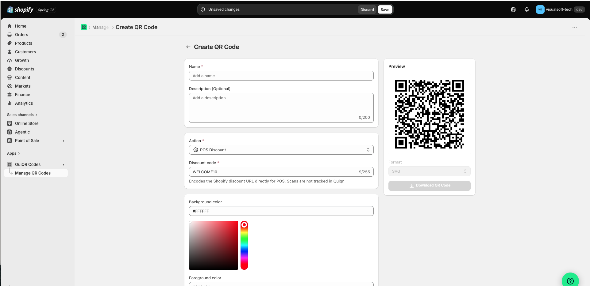 Create QR Code page in QuiQR Codes with the Action set to POS Discount and the Discount code field visible