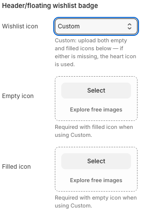 Wysh Wishlist app embed showing Custom selected with Empty icon and Filled icon upload fields