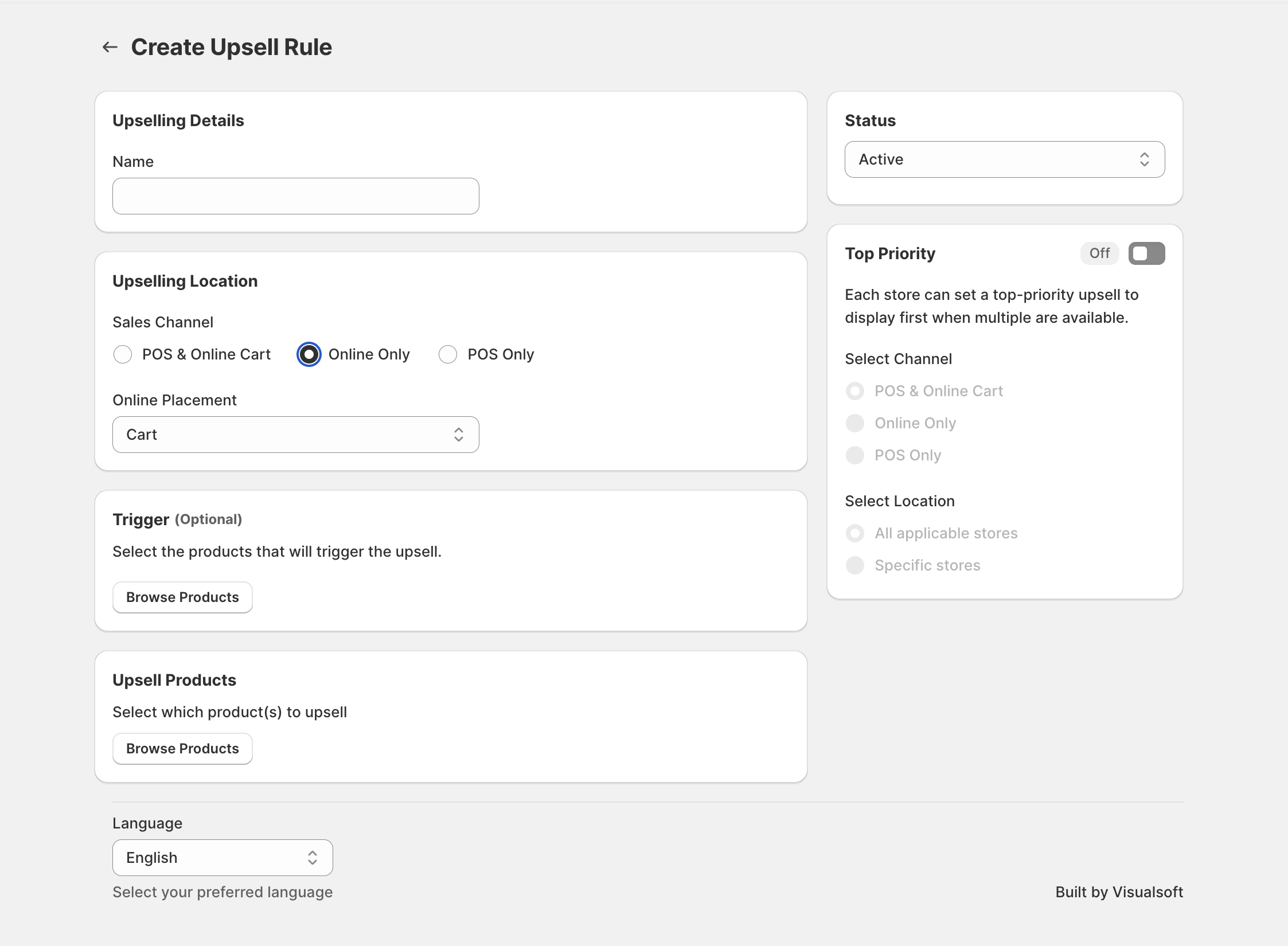 Create Upsell Rule screen with Online Only selected and Online Placement set to Cart