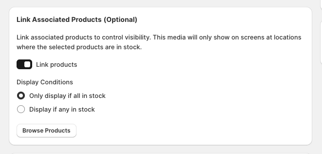 Link Associated Products section showing Link products, Display Conditions, and Browse Products