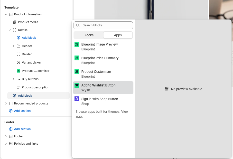 Shopify theme editor showing Add block, Apps, and the Add to Wishlist Button block for Wysh