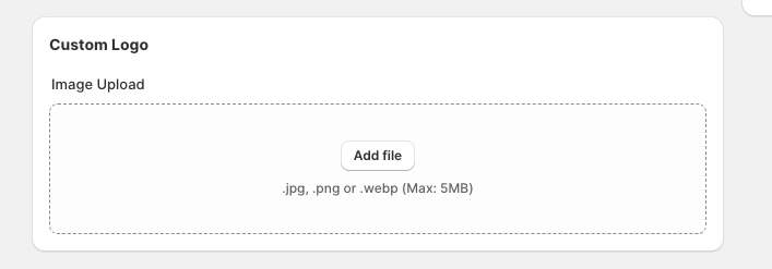 Custom Logo image upload area with Add file button and supported file types shown