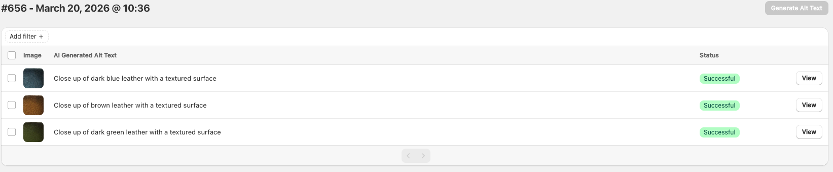Request details screen showing Image, AI Generated Alt Text, Status, and View buttons