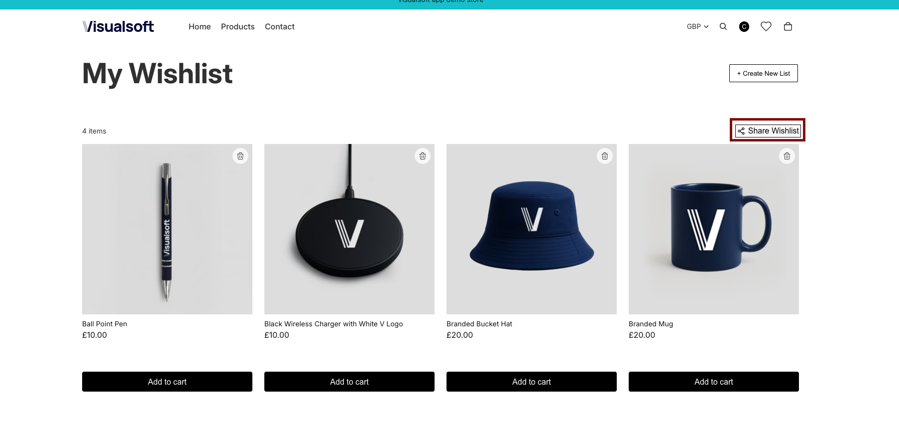 Wishlist page showing the Share Wishlist button