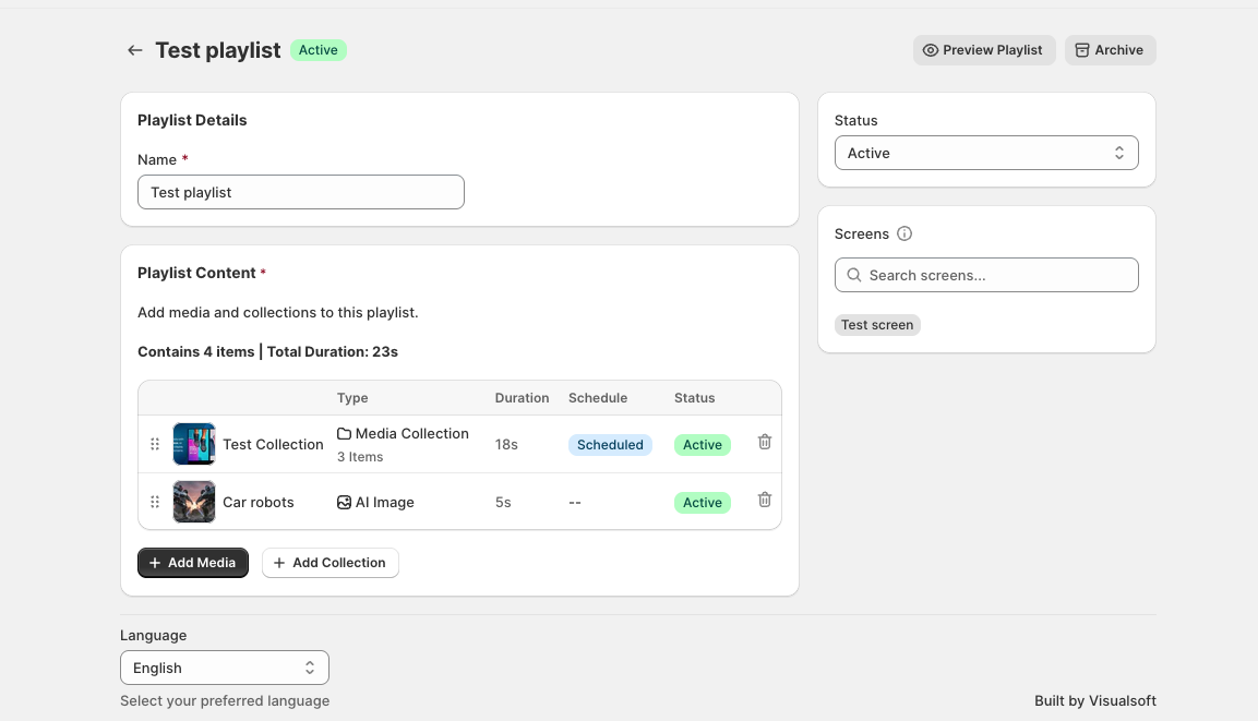 Playlist editor showing media and media collection items with duration, schedule, and status