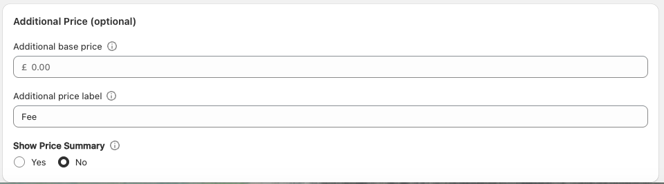 Additional Price section in Blueprint with Additional base price, Additional price label, and Show Price Summary