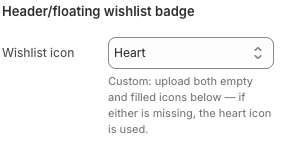 Wysh Wishlist app embed showing the Wishlist icon dropdown set to Heart