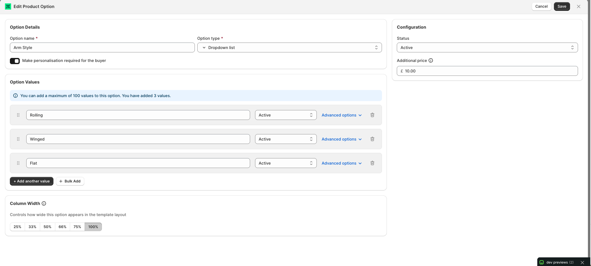 Blueprint Arm Style option with dropdown values and additional price set