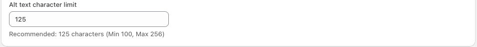 SmartAlt Settings showing the Alt text character limit field in Alt Text preferences