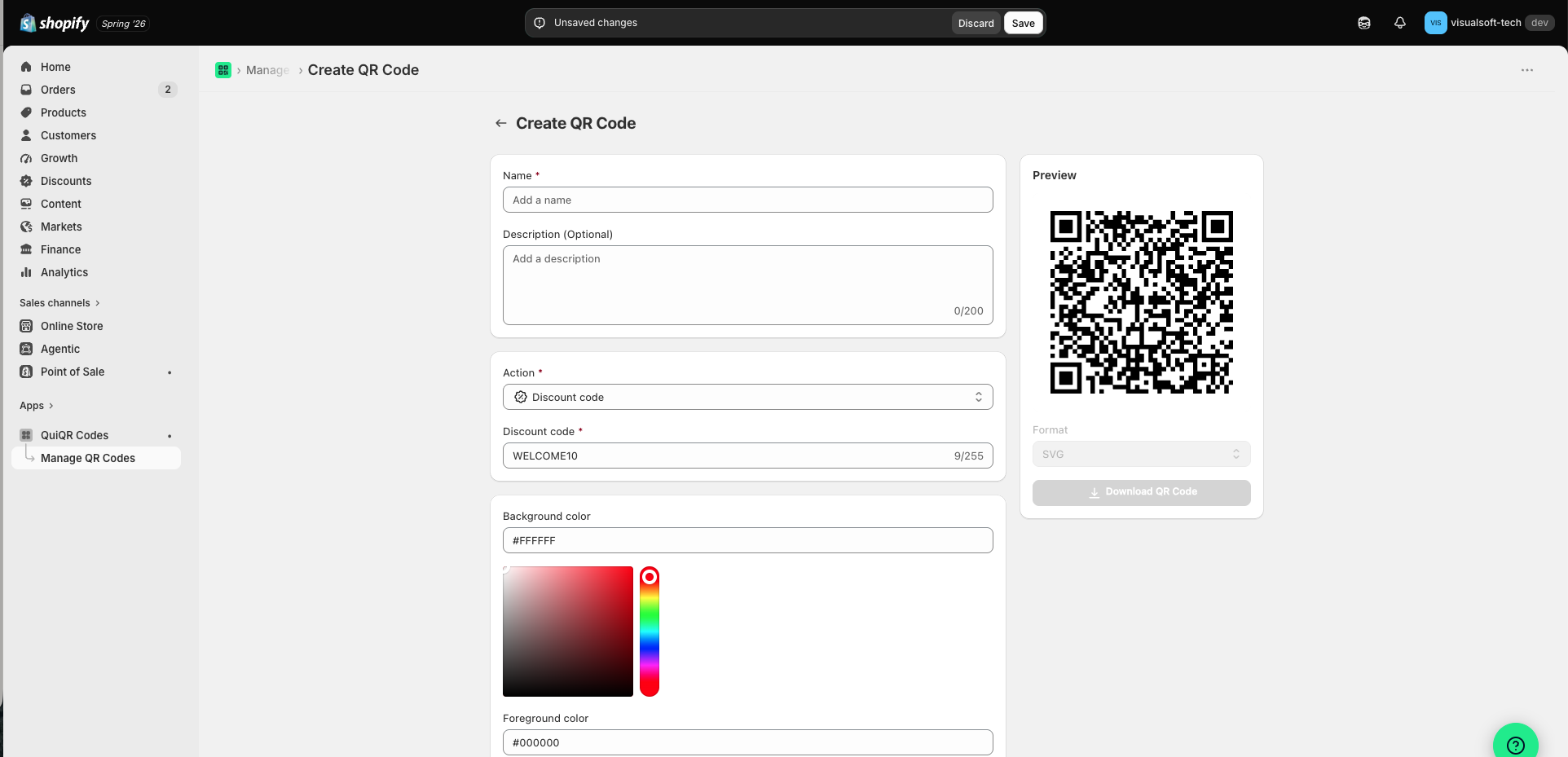 Create QR Code page in QuiQR Codes showing the Action dropdown set to Discount code and the Discount code field.