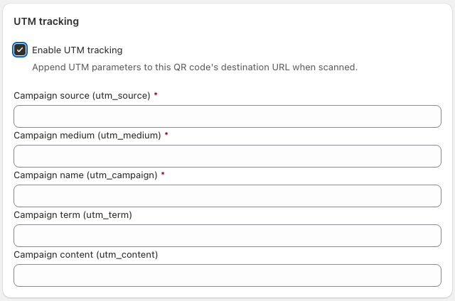 UTM tracking section in QuiQR Codes showing the Enable UTM tracking checkbox and campaign fields